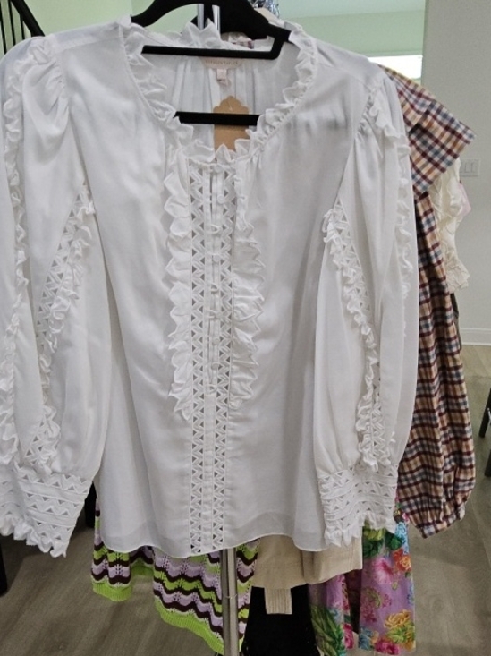 Rebecca Taylor Tops - Rebecca Taylor White Ruffle-Trim Lace Blouse|| Size 12